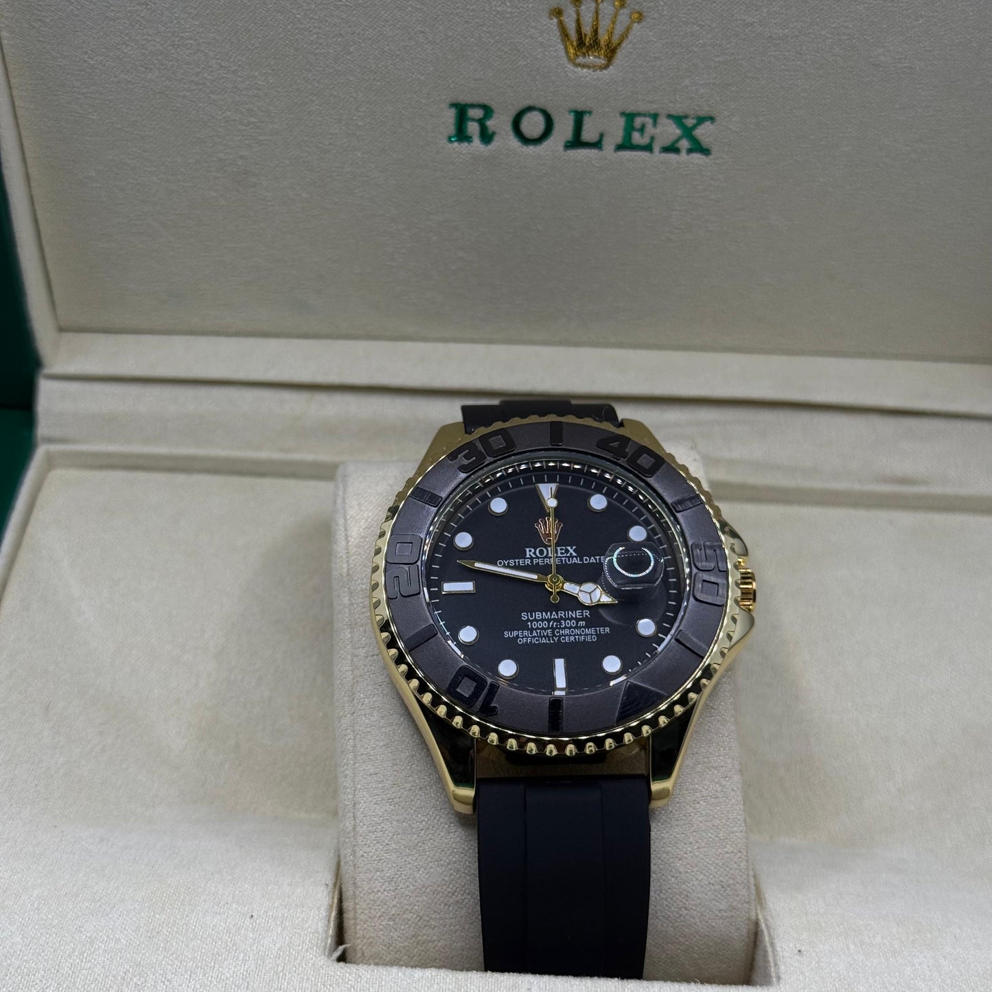 Rolex submariner strap with rotating golden & black dial date just